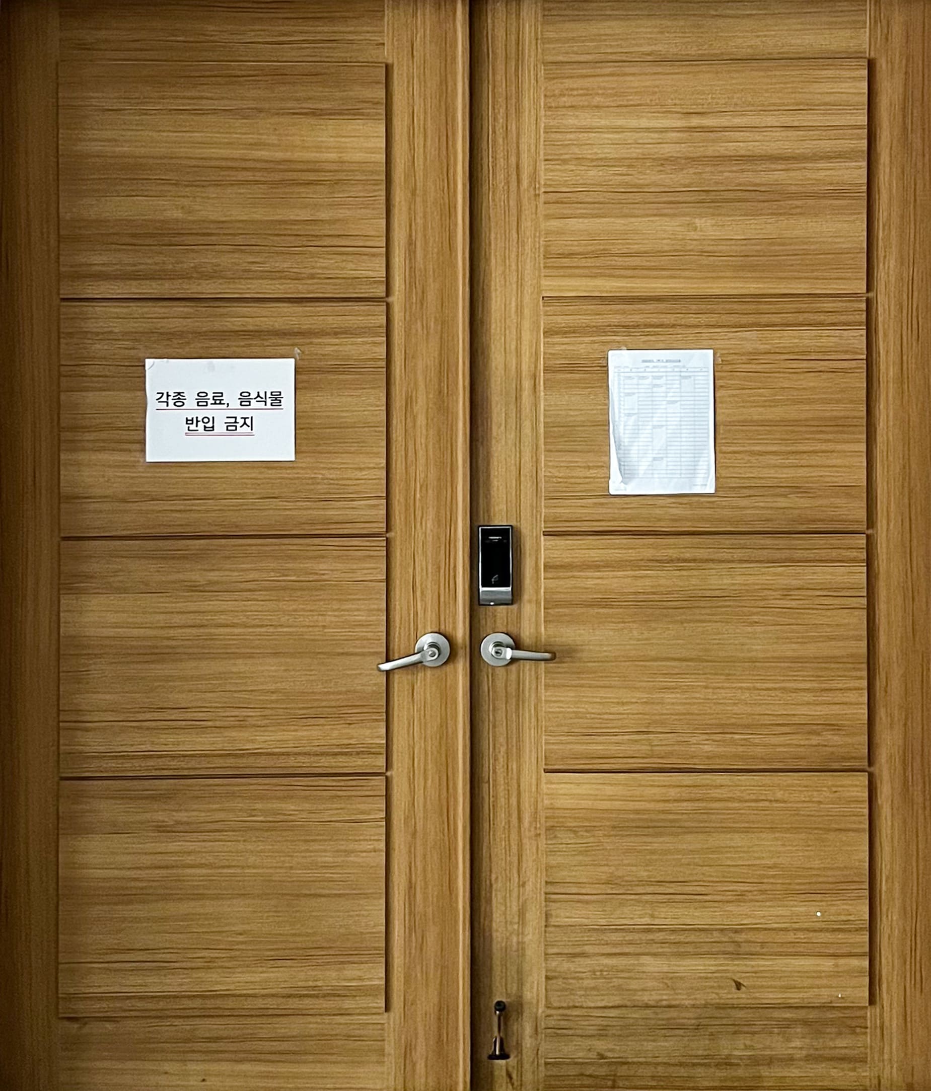 노란빛이 많이 도는 나무문이다. 양쪽 문 모두 닫혀있다.