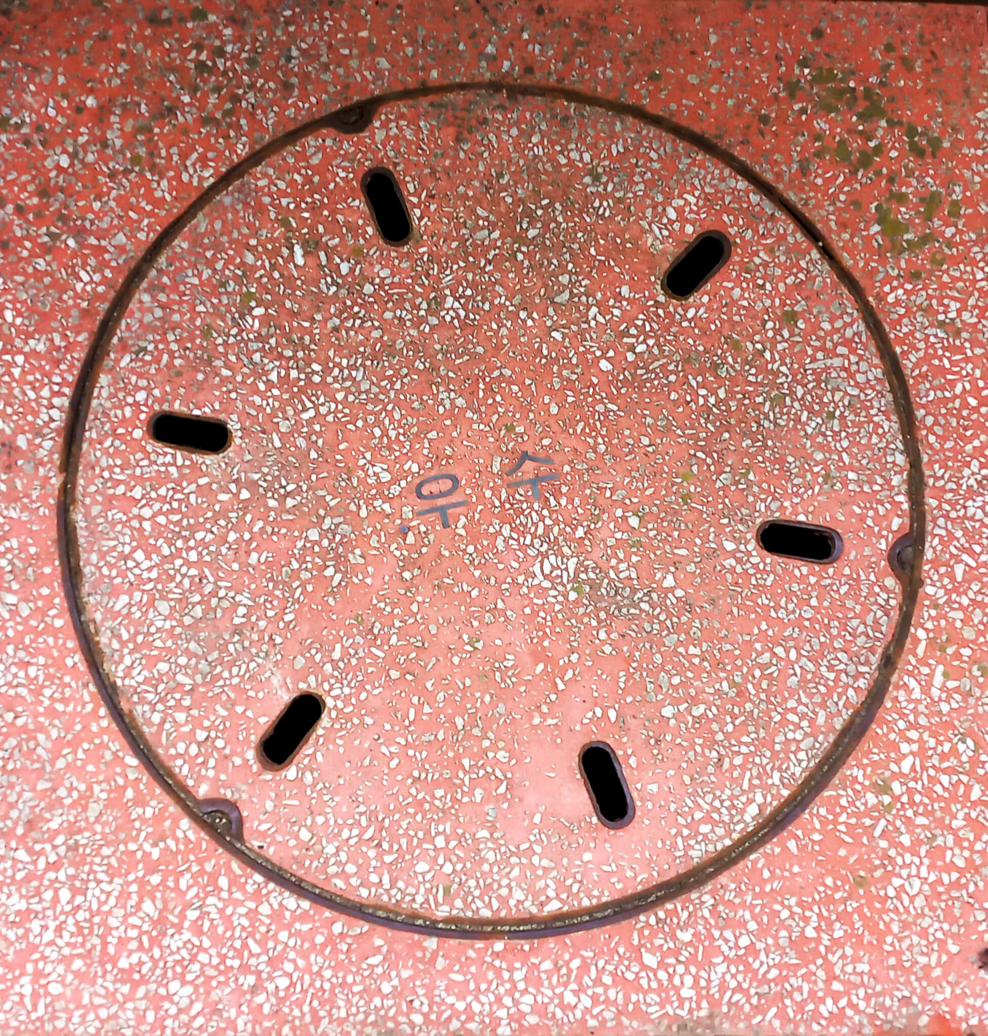붉은빛 콘크리트 바닥 가운데에 위치한 둥근 맨홀 뚜껑. 중간에 '우수' 라는 글자가 새겨져 있다. 맨홀 주변을 중심으로 세로로 긴 검정 구멍 6개가 있다.