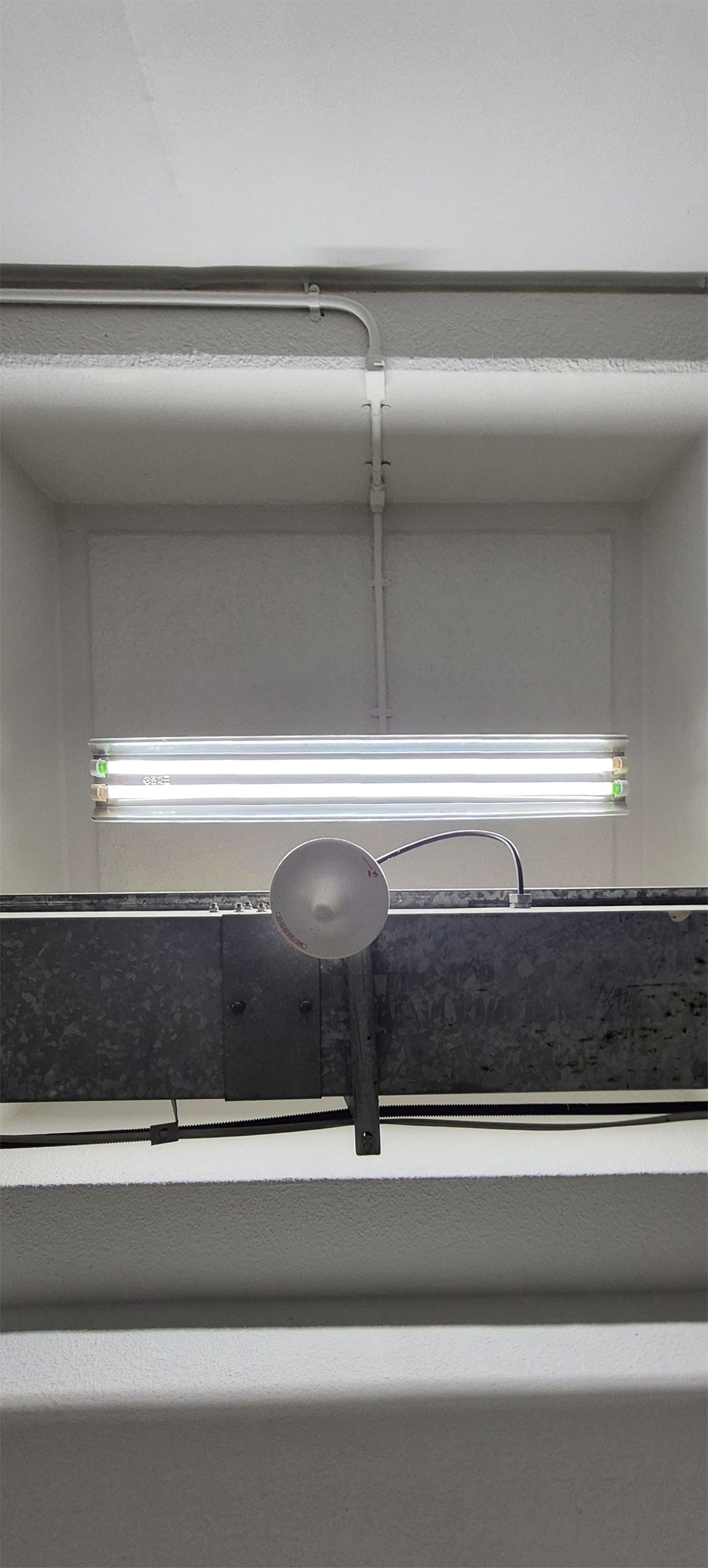 흰색의 천장과 천장 가운데에 가로로 나란히 배치된 긴 형광등이 있다. 사진의 가운데로부터 살짝 아랫쪽에는 어두운 회색빛의 넓은 금속 기둥이 보인다. 천장을 정면에서 찍은 세로로 긴 사진이다.