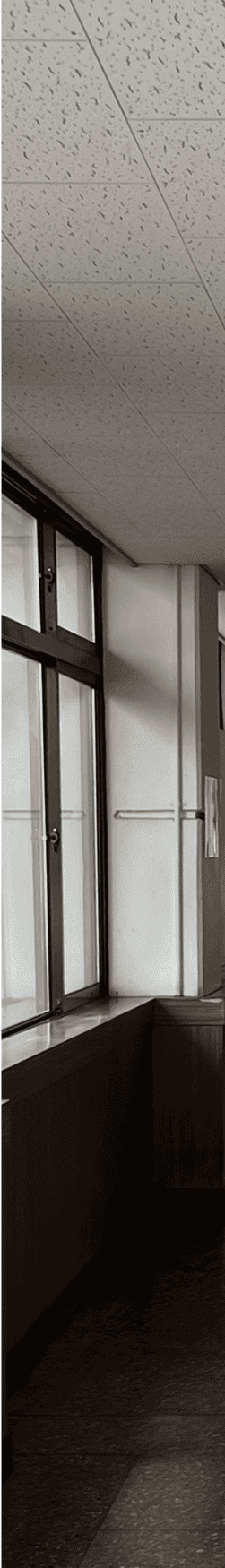 중간에 소실점이 모이는 복도를 세로로 4분할 했을 때의 왼쪽에서 첫번째 사진. 왼쪽 벽에는 아래쪽엔 나무몰딩이 되어있고 그 위에는 세로로 긴 직사각형 창문 2개, 그 위에는 가로로 긴 작은 직사각형 창문2개가 붙어있다. 그 옆에는 콘크리트 벽이 튀어나와있고 천장은 흡음 텍스 천장이다.