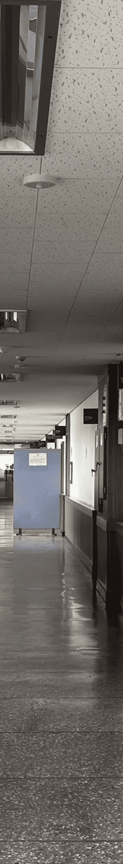 중간에 소실점이 모이는 복도를 세로로 4분할 했을 때의 왼쪽에서 세번째 사진. 콘크리트 몰딩에 아랫부분은 나무몰딩된 부분이 튀어나와있다. 왼쪽 벽에는 게시판과 강의실 안내판, 나무몰딩 문틀이 있다. 천장은 흡음택스천장. 복도 중간에는 회색의 사각형 이동형 구조물이 길을 막고있다.