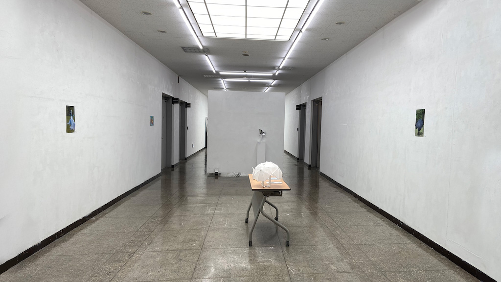 영남대학교 미술관 복도 이미지. 앞에는 흰색 벽이 복도 중앙을 막고있다. 그 벽 앞에는 가로로 놓여진 나무 책상 위에 스티로폼으로 만들어진 돔 형태의 모형이 있다. 복도 양 옆에는 철제문들이 달려있다.