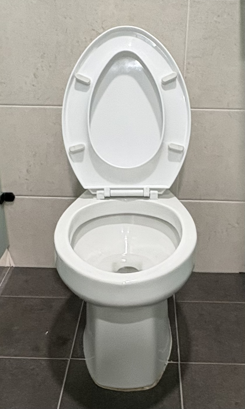 바닥에는 검은색 타일 벽에는 하얀 타일 그 중간에는 양변기