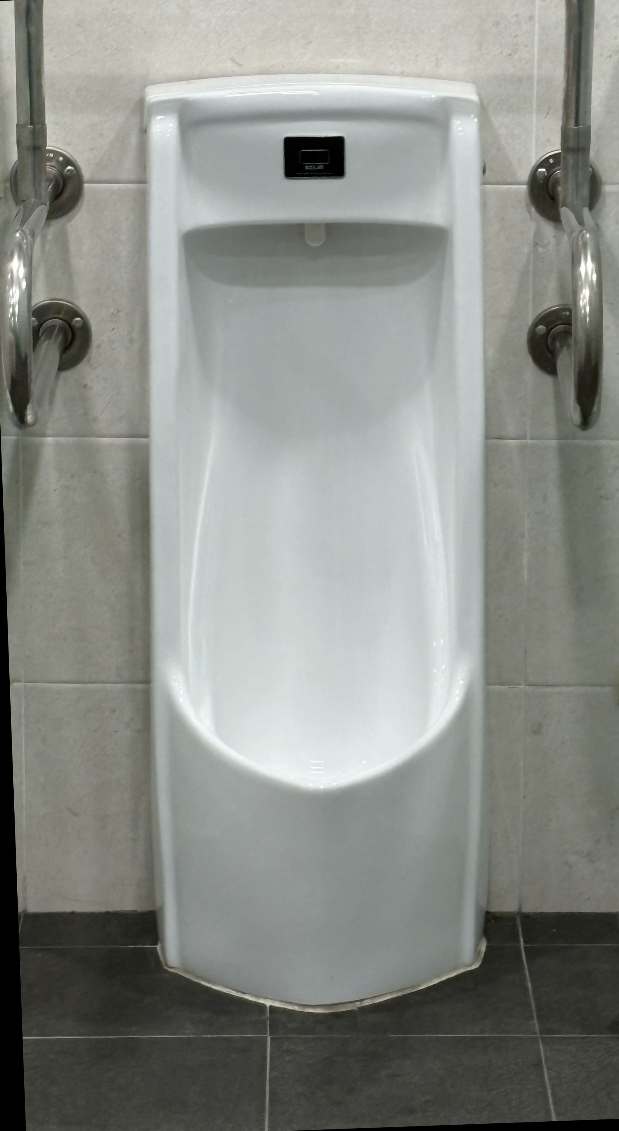 하얀 소변기와 얌쪽에는 쇠 막대기가 있다.