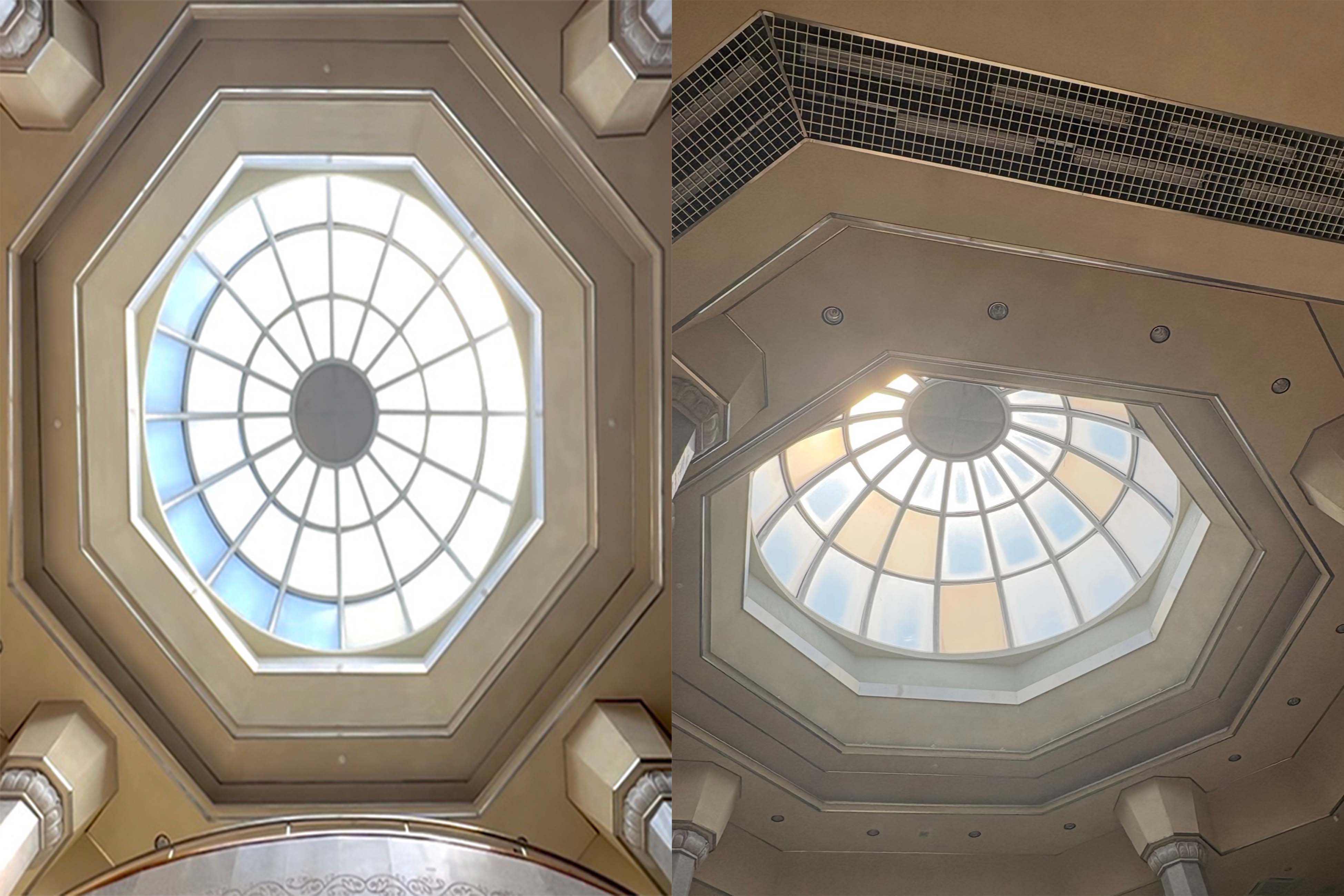 천장 중앙에 여러 색의 유리로 된 돔이 있다. 햇빛이 내부로 들어와 화사하다. 아래에서 위를 올려봤을 때의 정면, 측면 두 가지 모습이 있다.