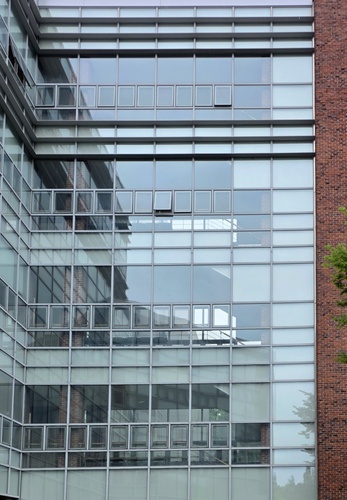 건물의 벽 일부가 수직과 수평으로 격자처럼 나뉜 투명한 창문들으로 구성되어 있고, 그 안에 작은 직사각형 창문들이 일정한 간격으로 나열되어 있다.