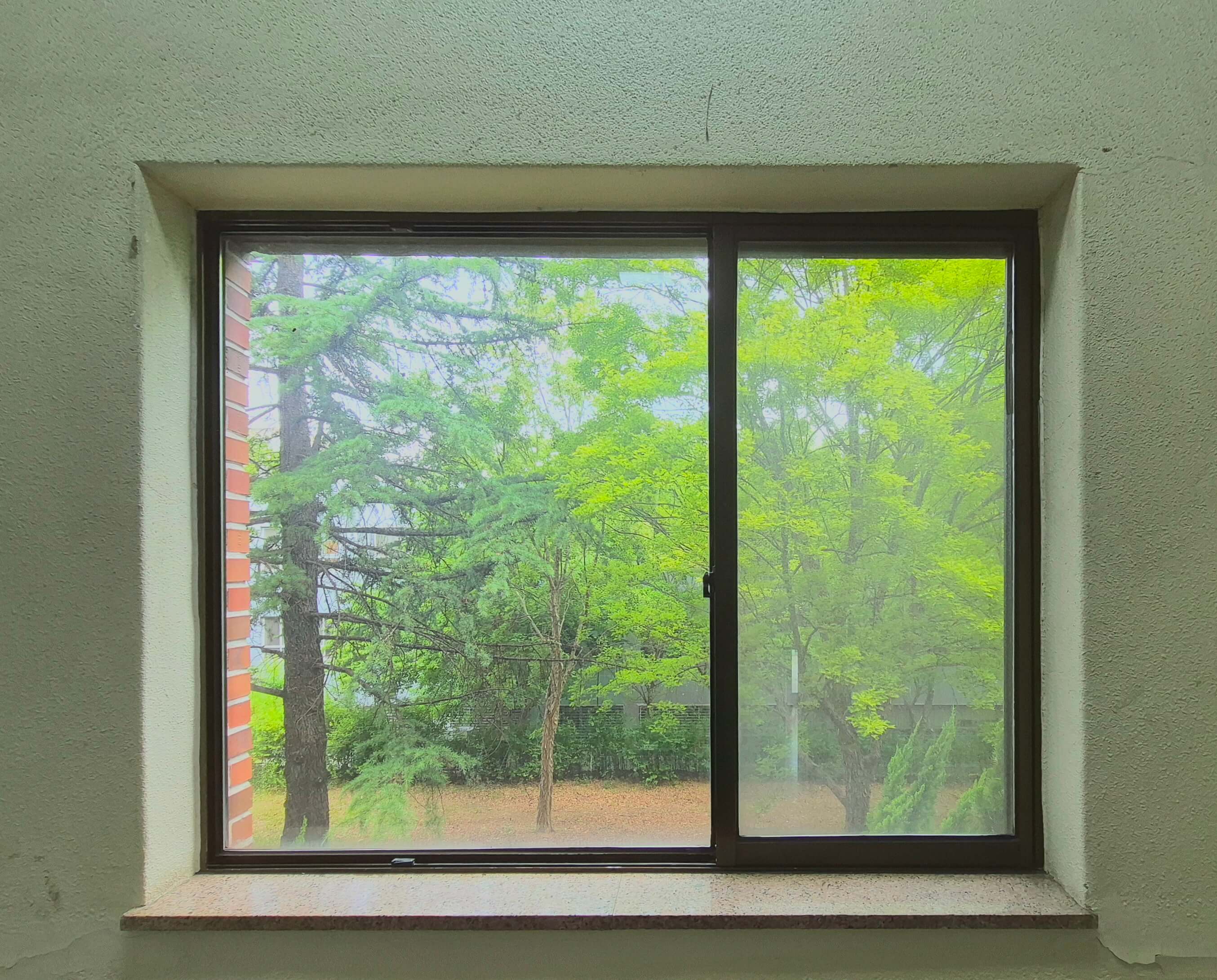 정보전산원 창문, 연녹색 벽에 검은 창틀로 된 직사각형 창문이 있고 창문 너머로 왼쪽에 벽돌벽이 약간 보이고 나무가 보인다.