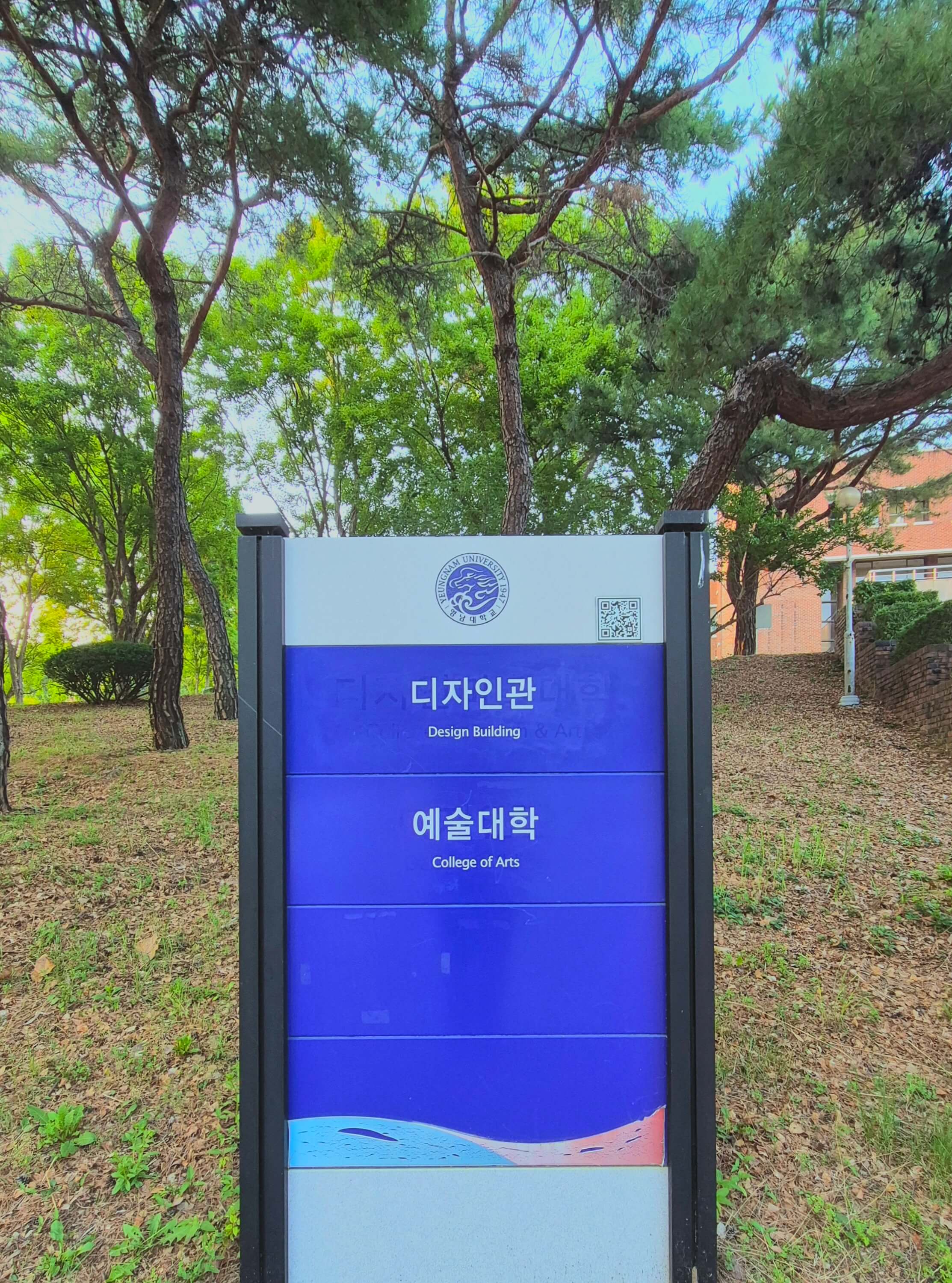 영남대학교의 건물 안내판. 파란색 배경 위로 흰 글씨로 '디자인관','예술대학'이라고 적혀있고 각각 글씨 밑에 작게 영어 번역이 적혀있다