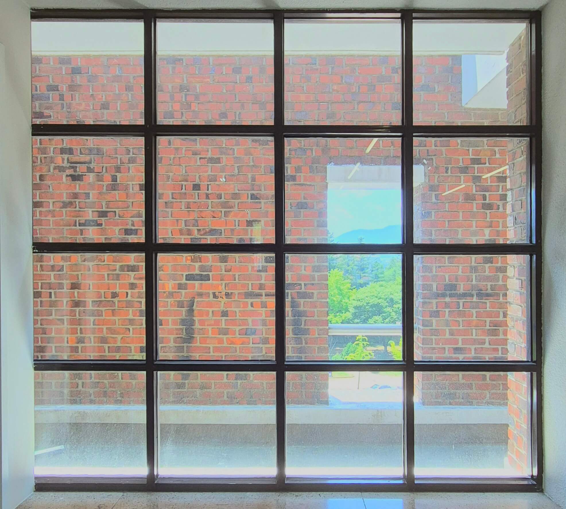 디자인관 창문, 흰 기둥 사이로 검은 창틀로 된 점년 유리창이 있다. 각각 작은 정사각형으로 분할된 형태이다. 창문 너머로 붉은 벽돌벽과 벽이 일부 뚫린 부분으로 나무가 보인다. 